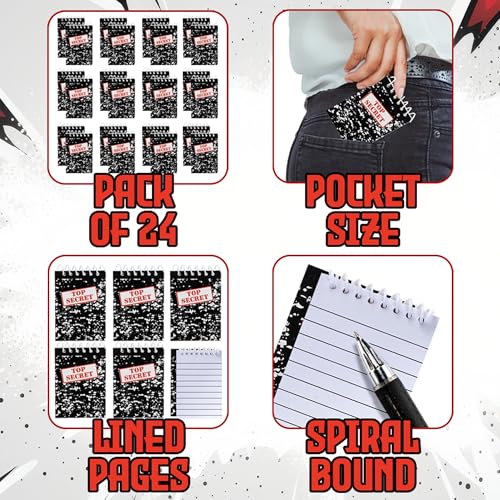 Bedwina Top Secret Mini Notebooks for Kids Party Favors - Spiral Small Notebook Pads for Murder Mystery Party Decor, Secret Agent Spy or Crime Detective Themed Parties, Goody Bag Notepads
